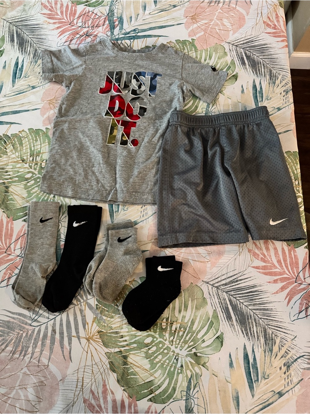 Nike Grey Tee & Mesh Shorts Set with Multicolor 'Just Do It.' Graphic and socks